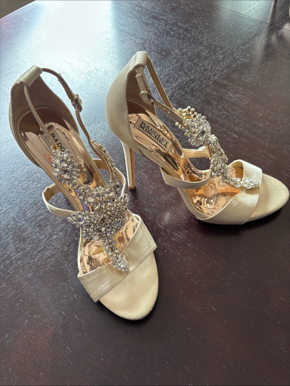 Badgley Mischka Champagne Satin Crystal T-Strap Heels